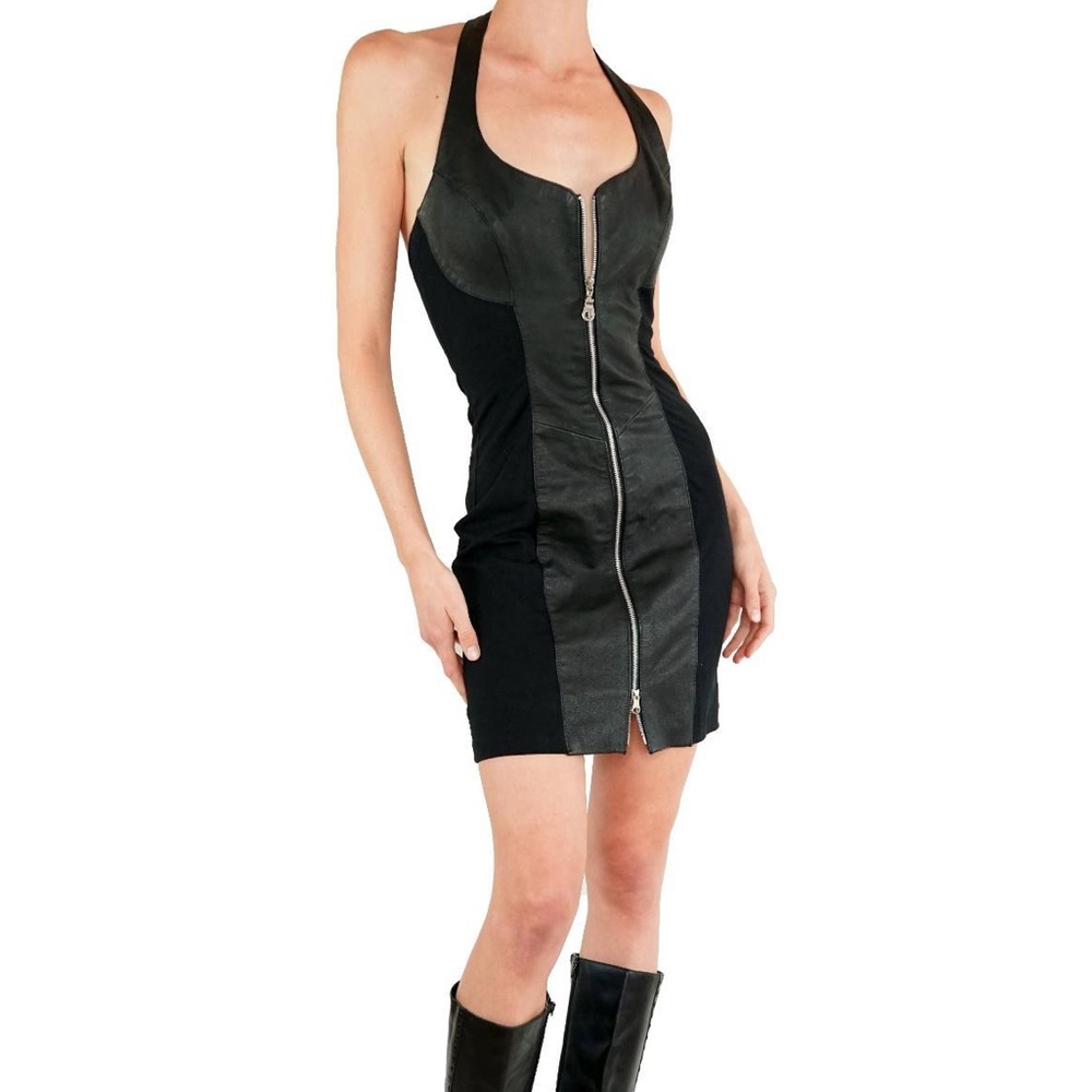 Wilson’s Leather 90s NWT Vintage Black Leather Paneled Mini Bodycon Dress Small